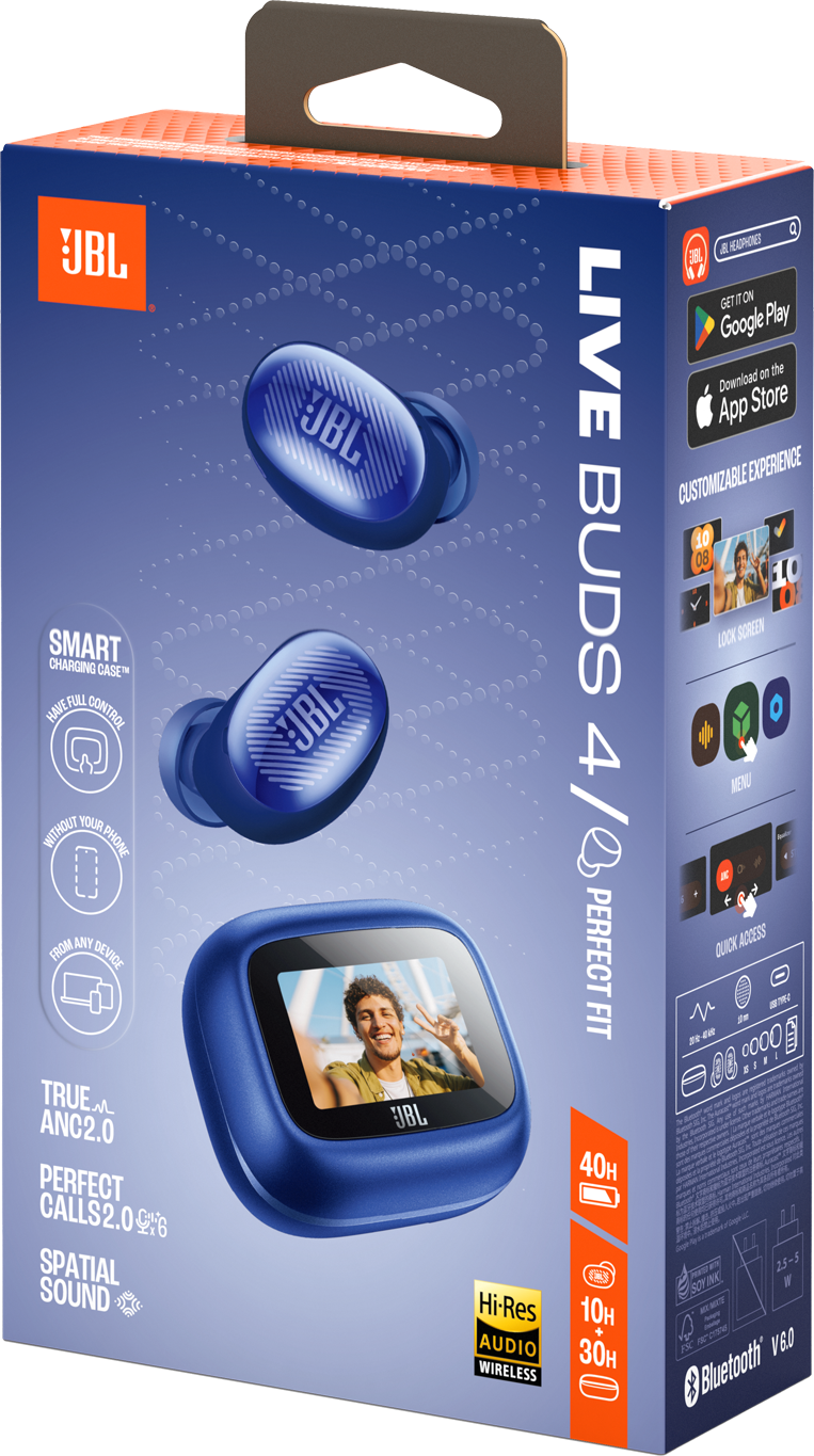 Verpackung der blauen JBL Live Buds 4 kabellosen Ohrhörer mit Ladeetui.