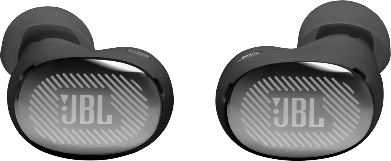 Zwei schwarze JBL-Kopfhörer mit silbernem Logo auf schwarzem Hintergrund.