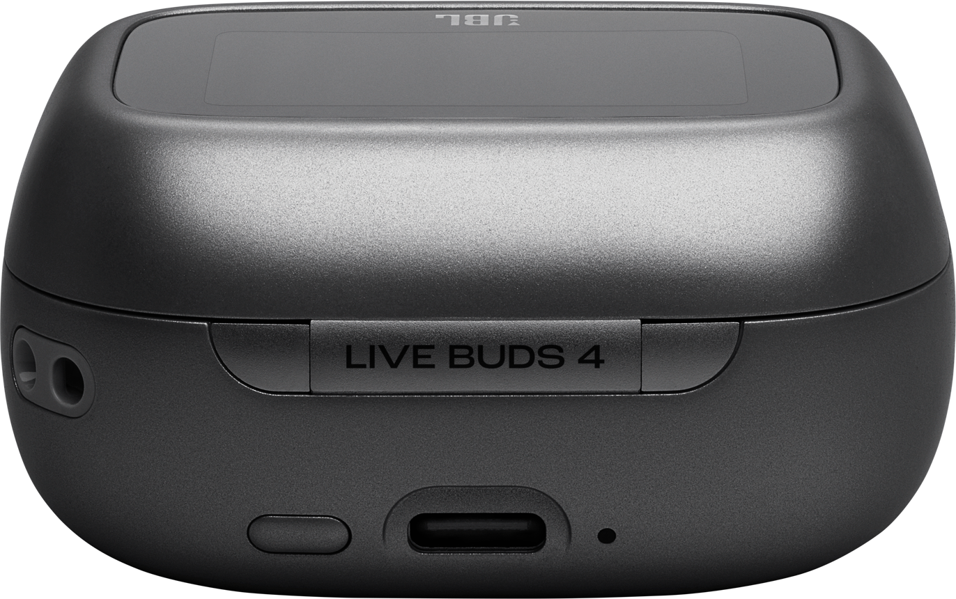 Grauer JBL Live Buds 4 Ladecase mit USB-C-Anschluss und Knopf.