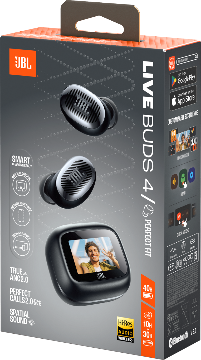 Verpackung der JBL Live Buds 4 kabellose Kopfhörer mit Ladecase und Frontanzeige.