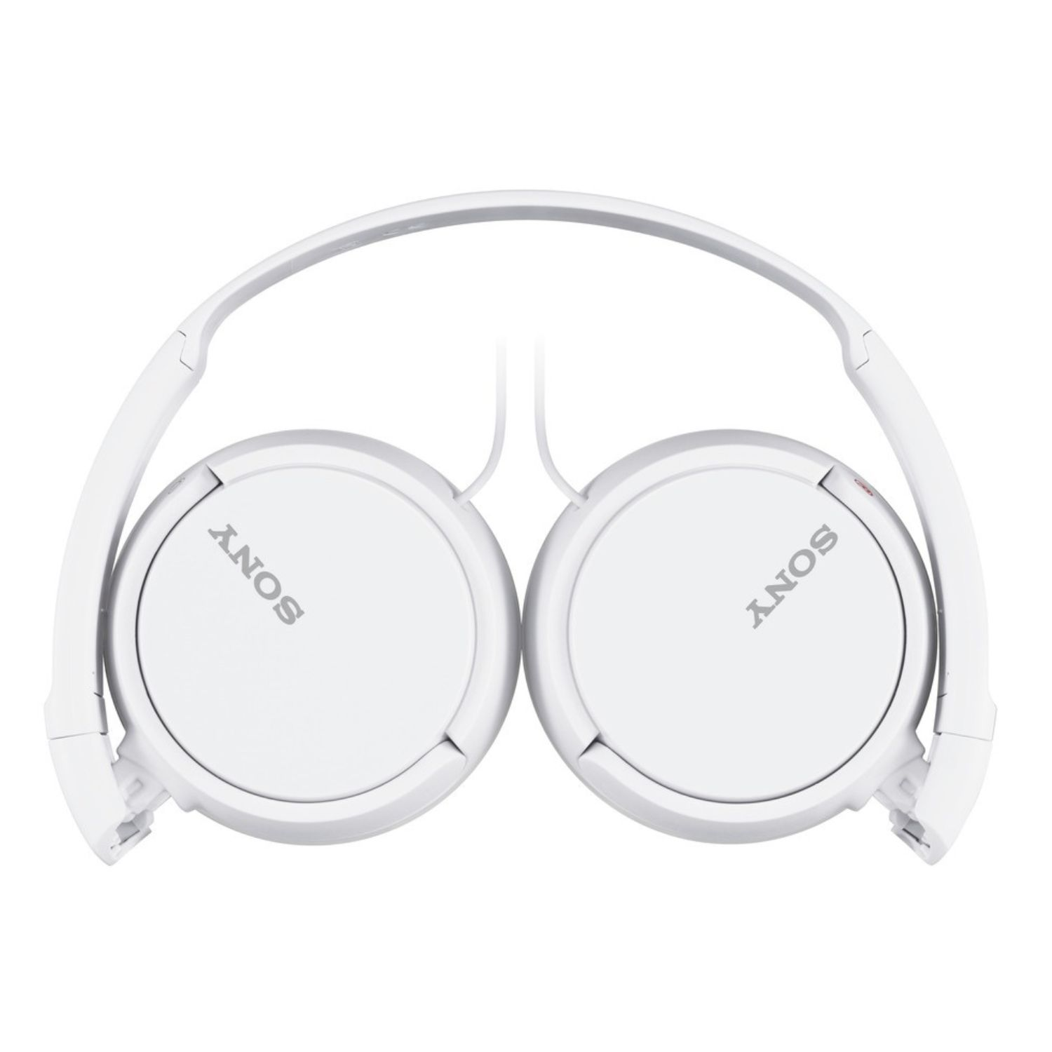 Auriculares Sony blancos plegados sobre fondo blanco.