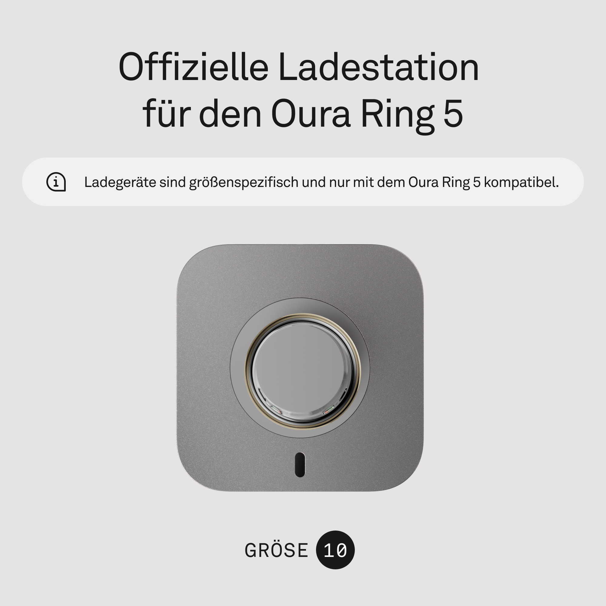 Graue Oura Ring 5 Ladestation, Größe 10. Text: Offizielle Ladestation.