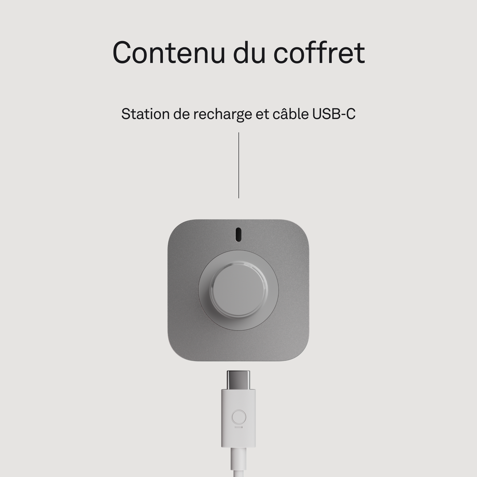 Station de charge grise avec cadran et câble USB-C blanc.