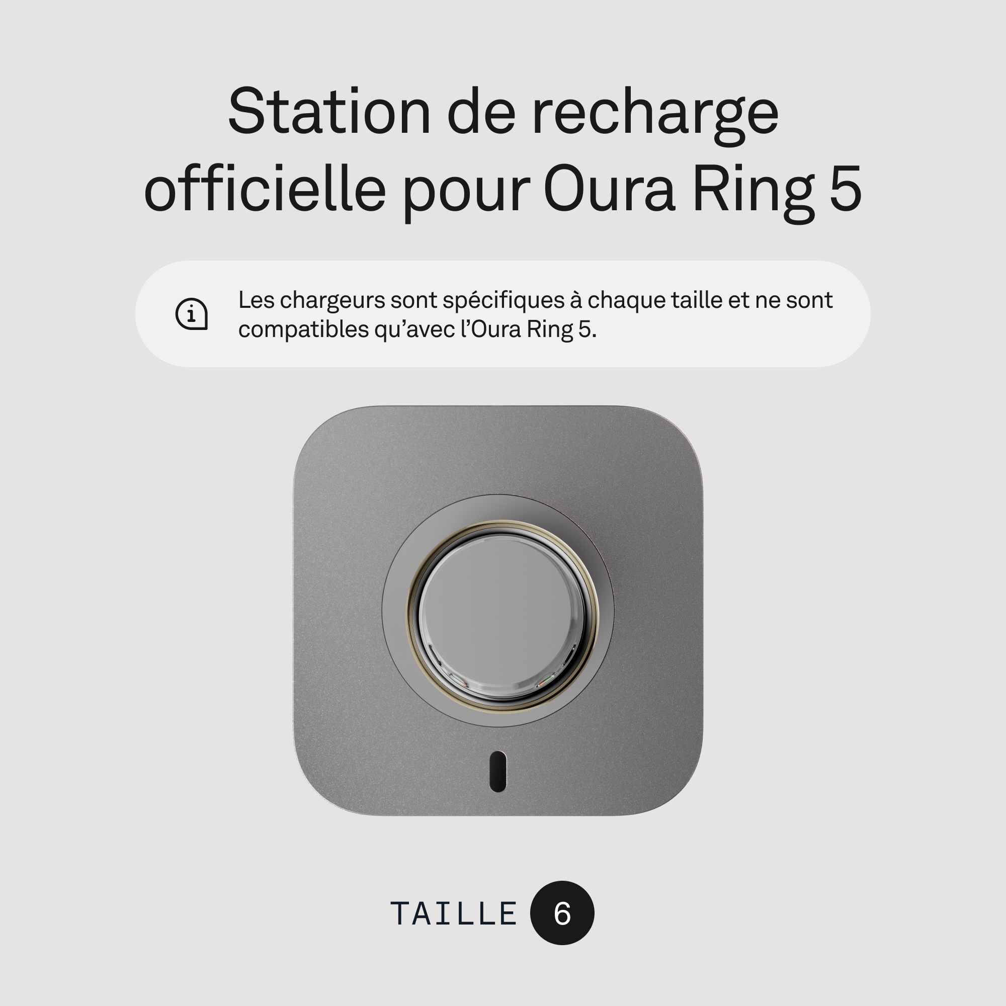 Station de recharge grise Oura Ring 5 avec support pour bague. Taille 6.
