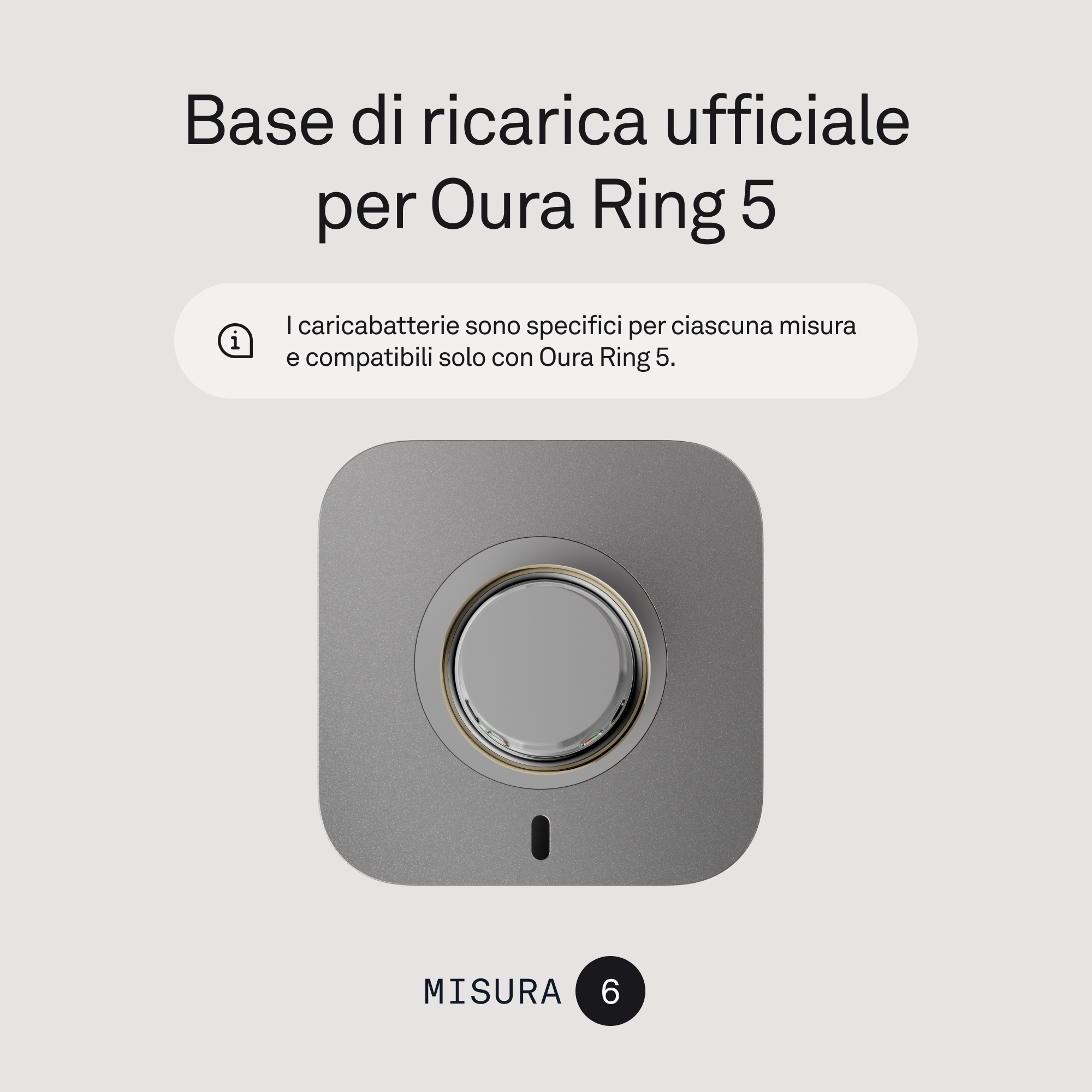 Custodia di ricarica Oura Ring 5 grigia con supporto anello e misura 6.