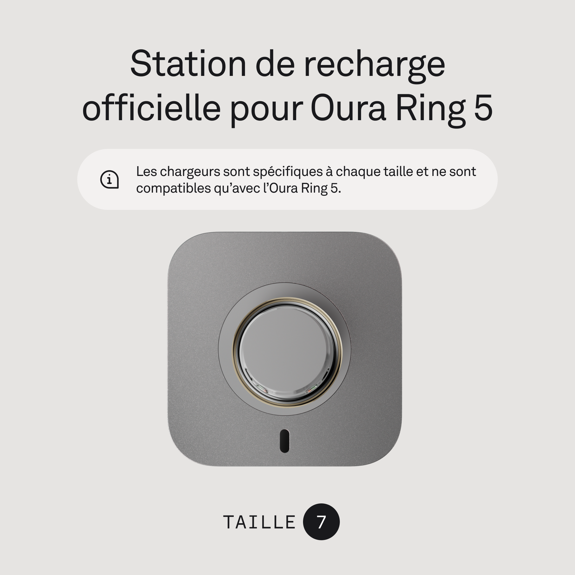 Chargeur gris Oura Ring 5, taille 7, avec texte informatif.
