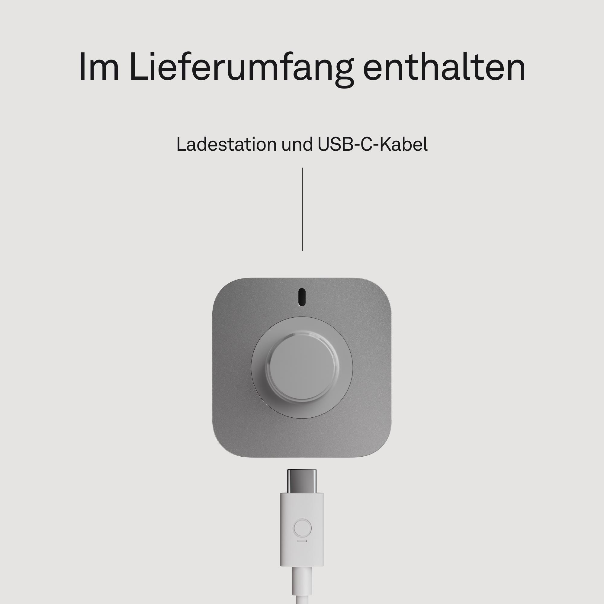Grauer Ladeadapter mit einem Knopf und einem USB-C-Kabel.