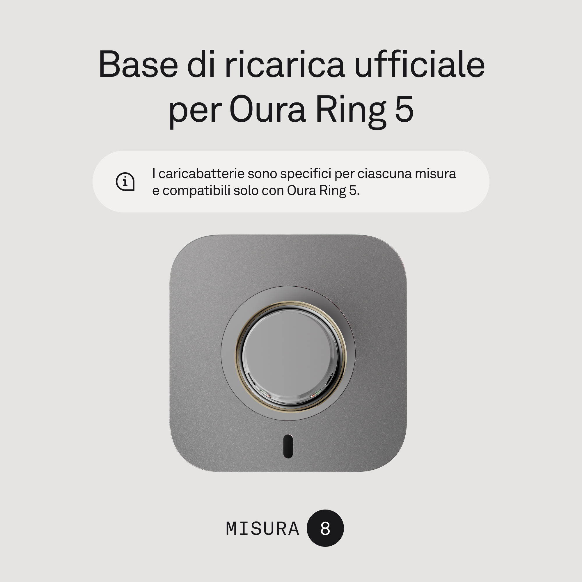 Base di ricarica grigia Oura Ring 5 con etichetta 'MISURA 8'.