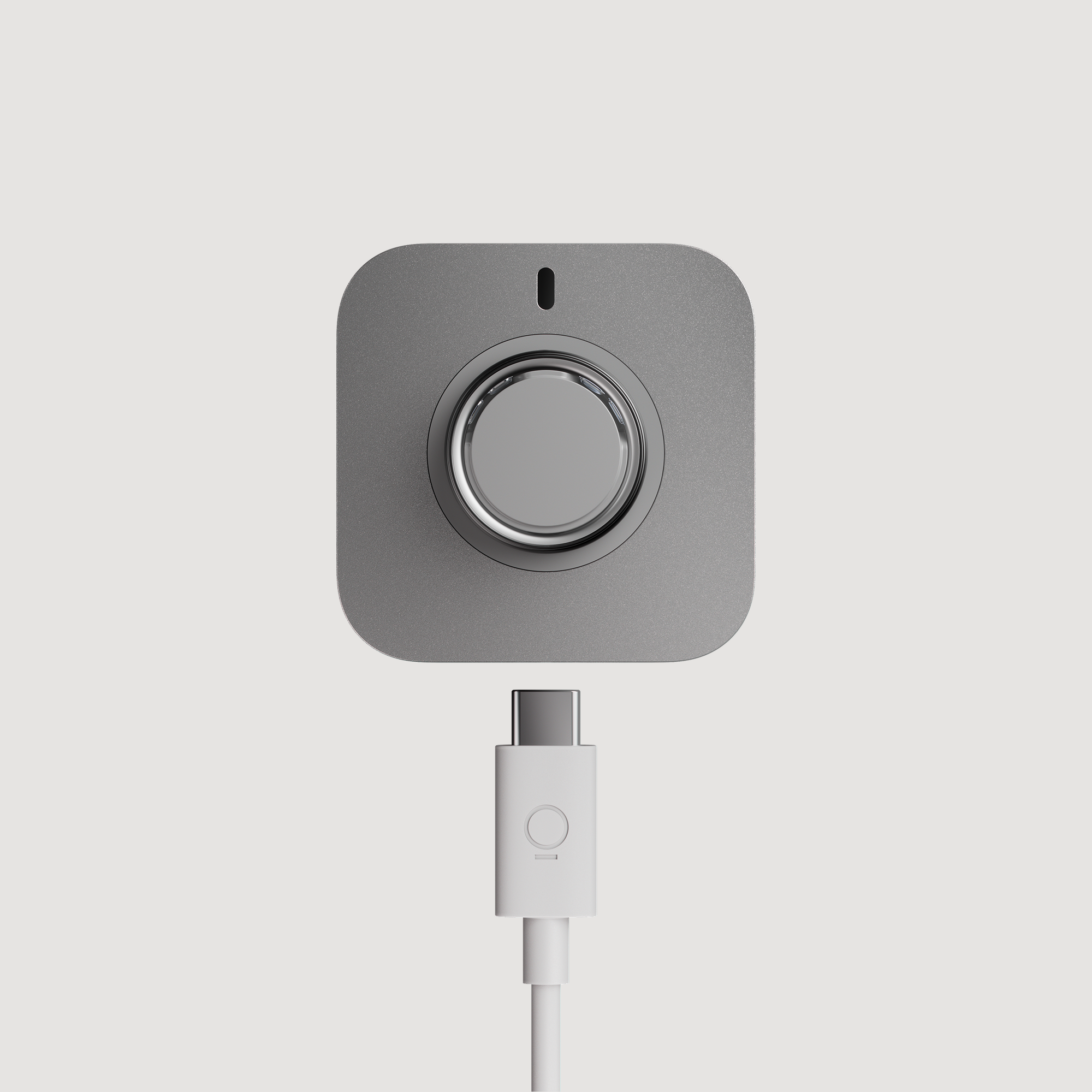 Caricatore grigio con pulsante argentato e cavo USB-C bianco.