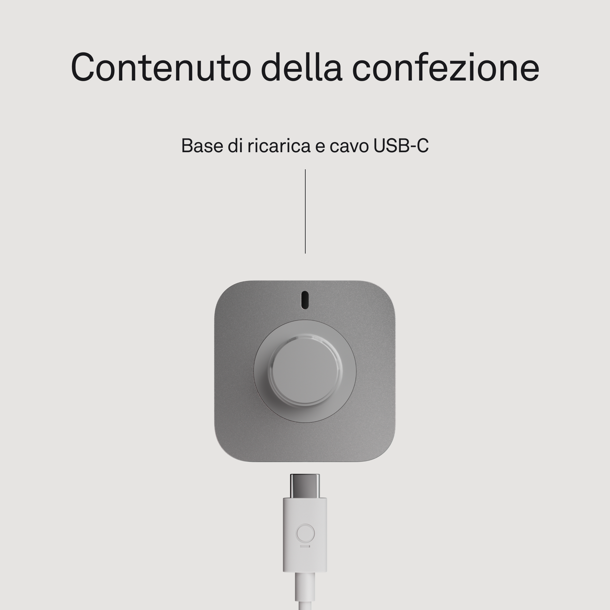 Base di ricarica grigia con quadrante e cavo USB-C bianco.