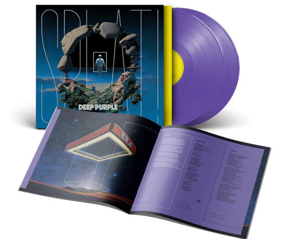 Deep Purple Vinyl-Cover und Lila-Schallplatte mit geöffnetem Booklet.