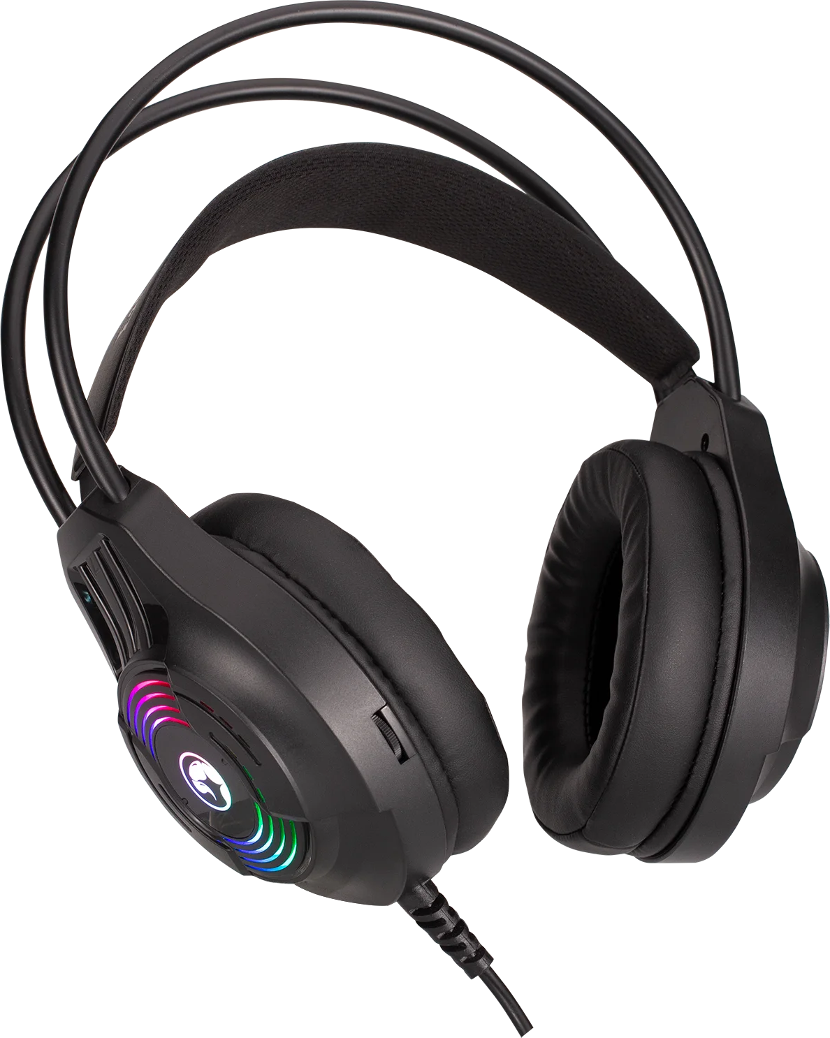 Fekete gamer fejhallgató RGB világítással a fülkagylókon és párnázott fejpánttal.
