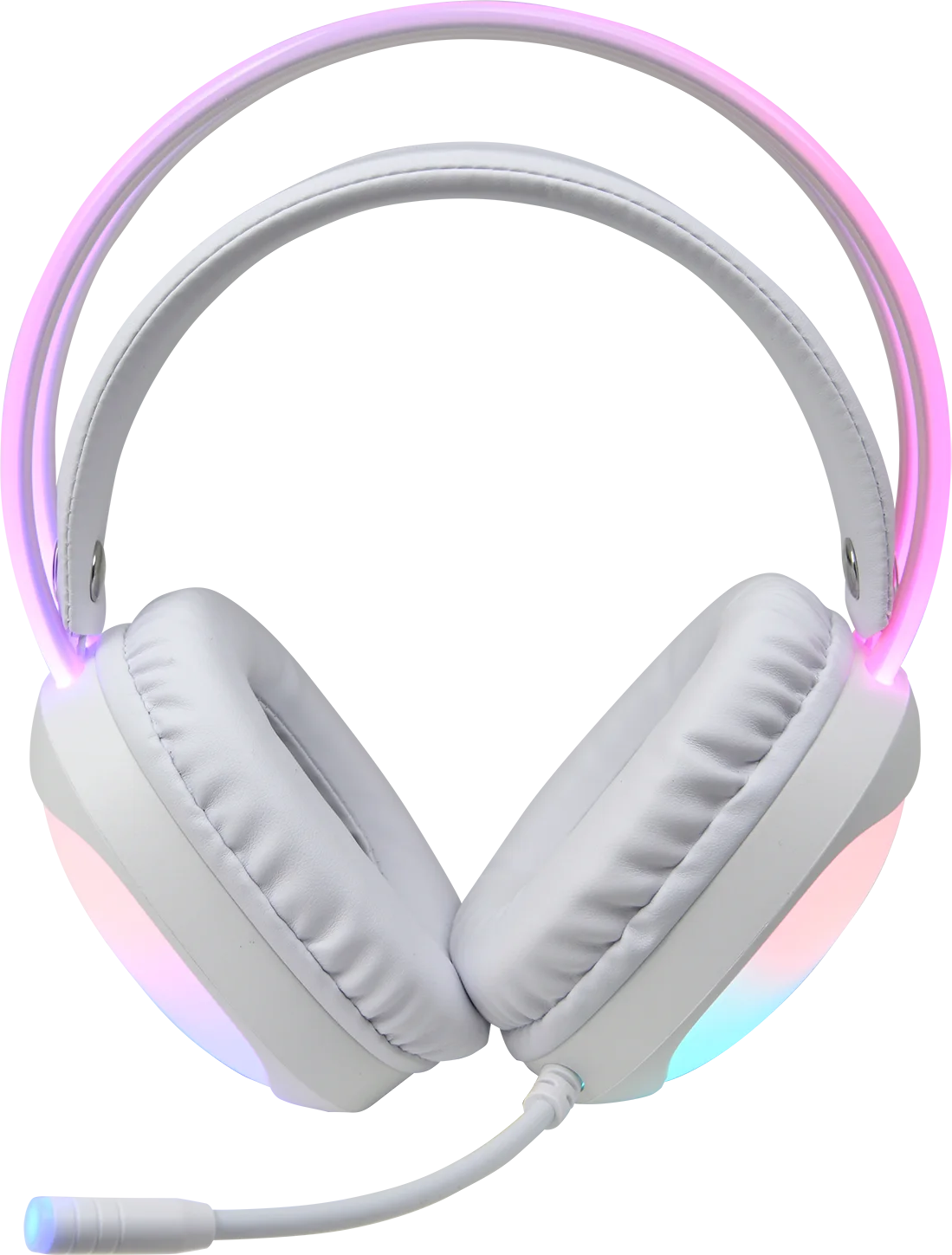 Fehér fejhallgató mikrofonnal és RGB világítással.