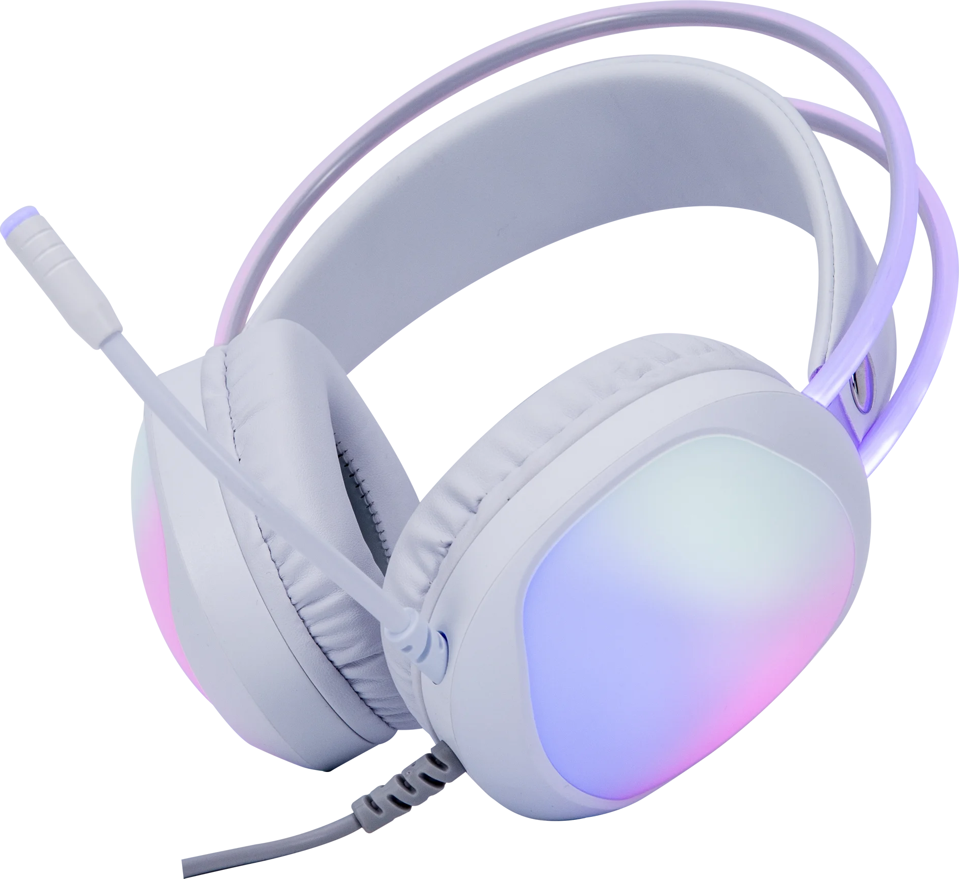Fehér fejhallgató mikrofonnal és RGB világítással fekete háttéren.