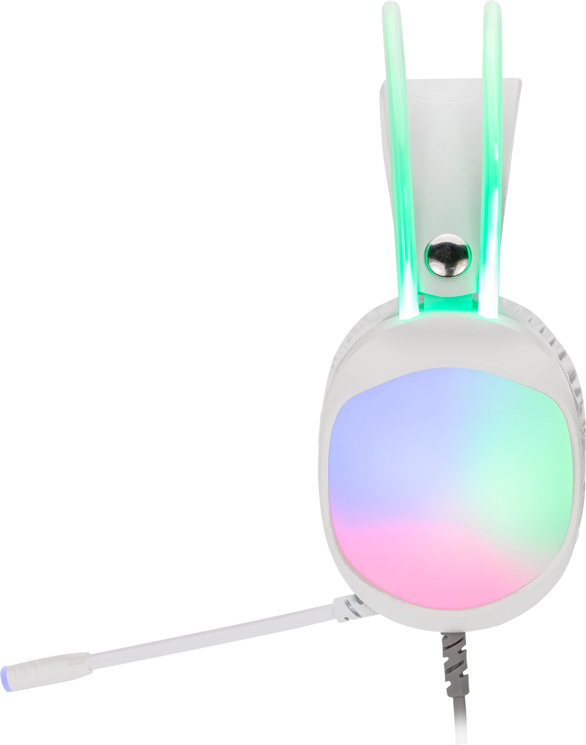 Fehér fejhallgató RGB világítással és mikrofonnal.