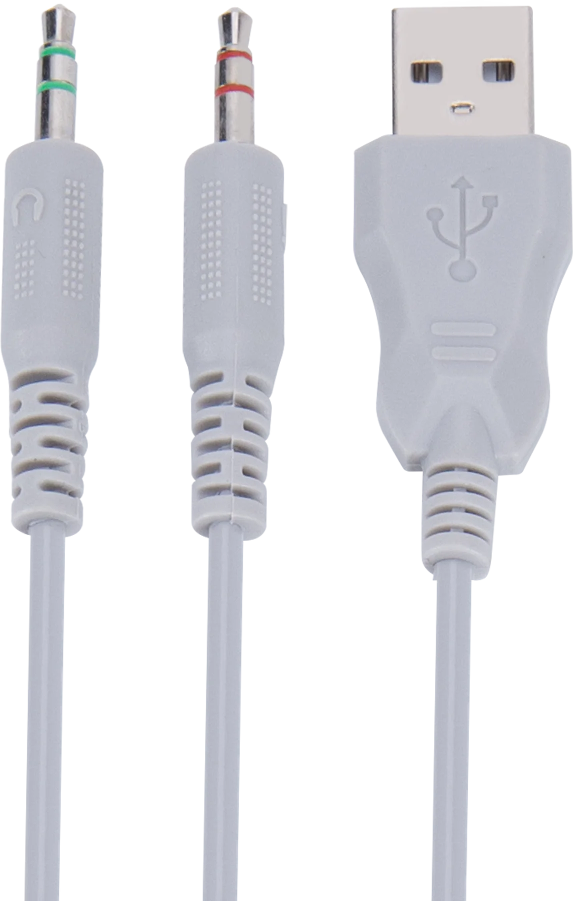 Három fehér kábel csatlakozókkal: két jack dugó és egy USB dugó.