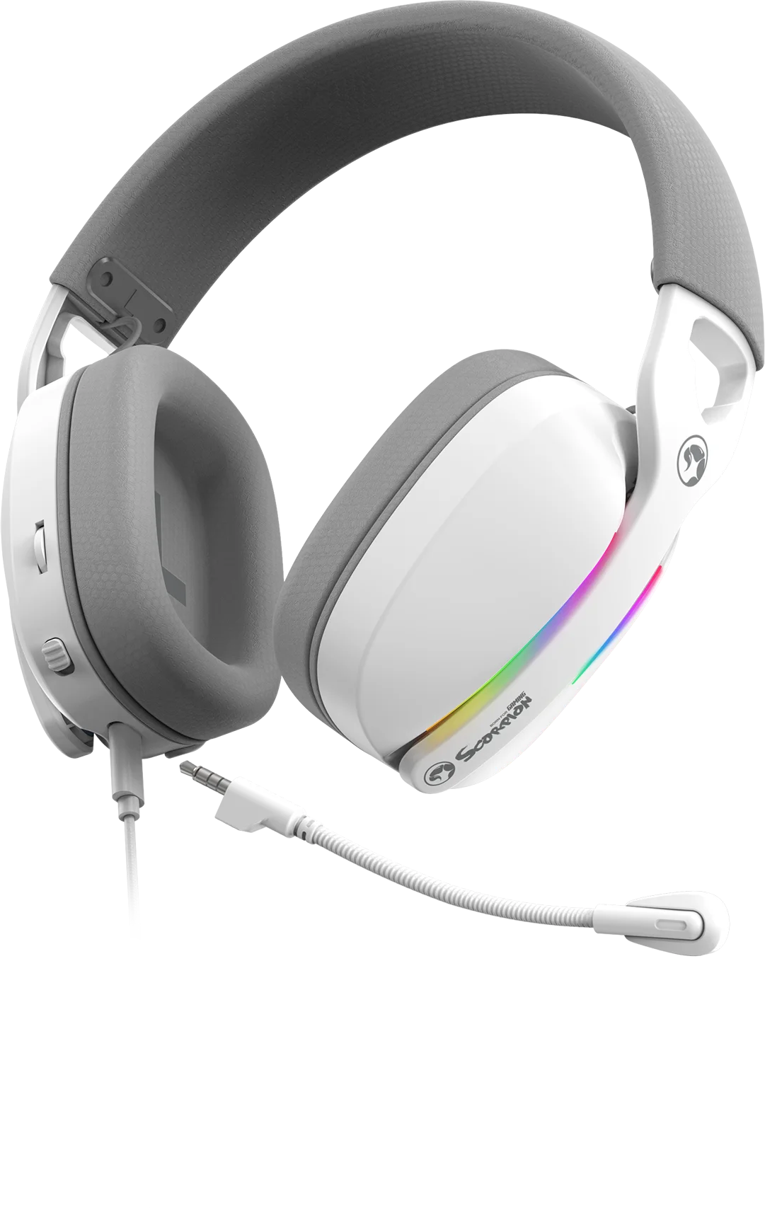 Fehér gamer fejhallgató szürke fülpárnákkal és RGB világítással.