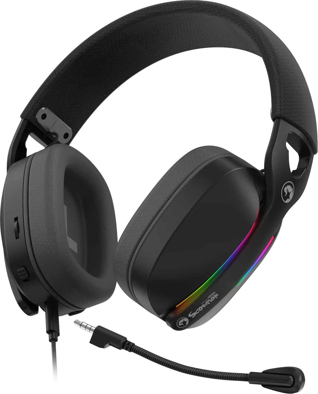 Fekete gamer fejhallgató RGB világítással, mikrofonnal és 3,5 mm-es jackkel.