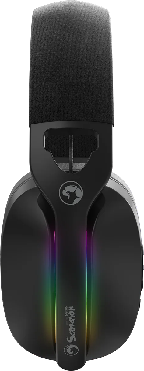 Fekete gamer fejhallgató RGB világítással és Scorpion logóval.