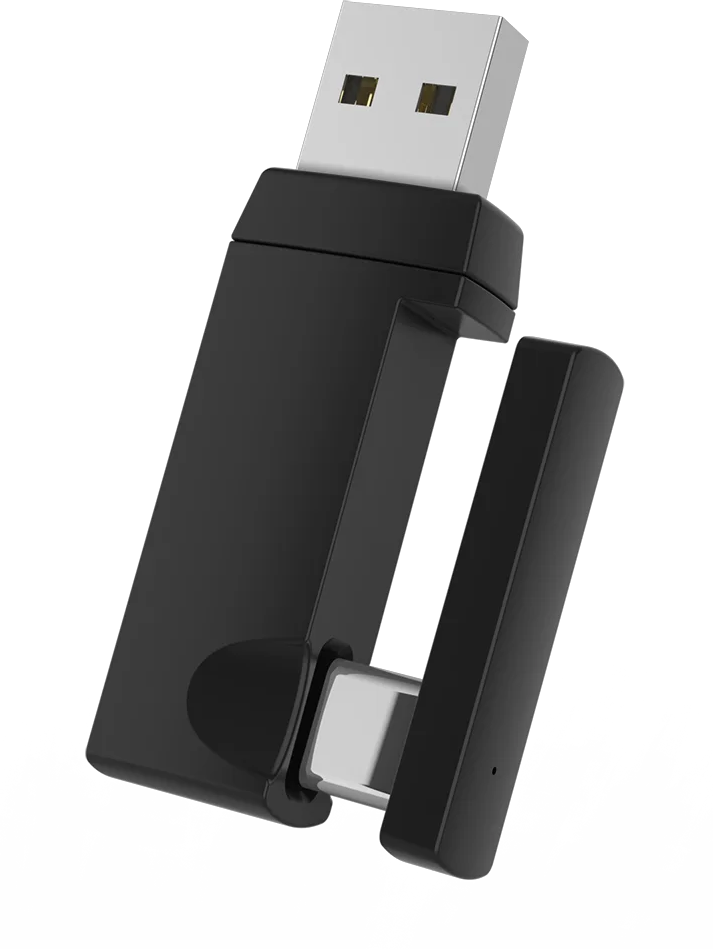Fekete USB-C adapter kihajtható USB-A csatlakozóval. Minimalista dizájn.