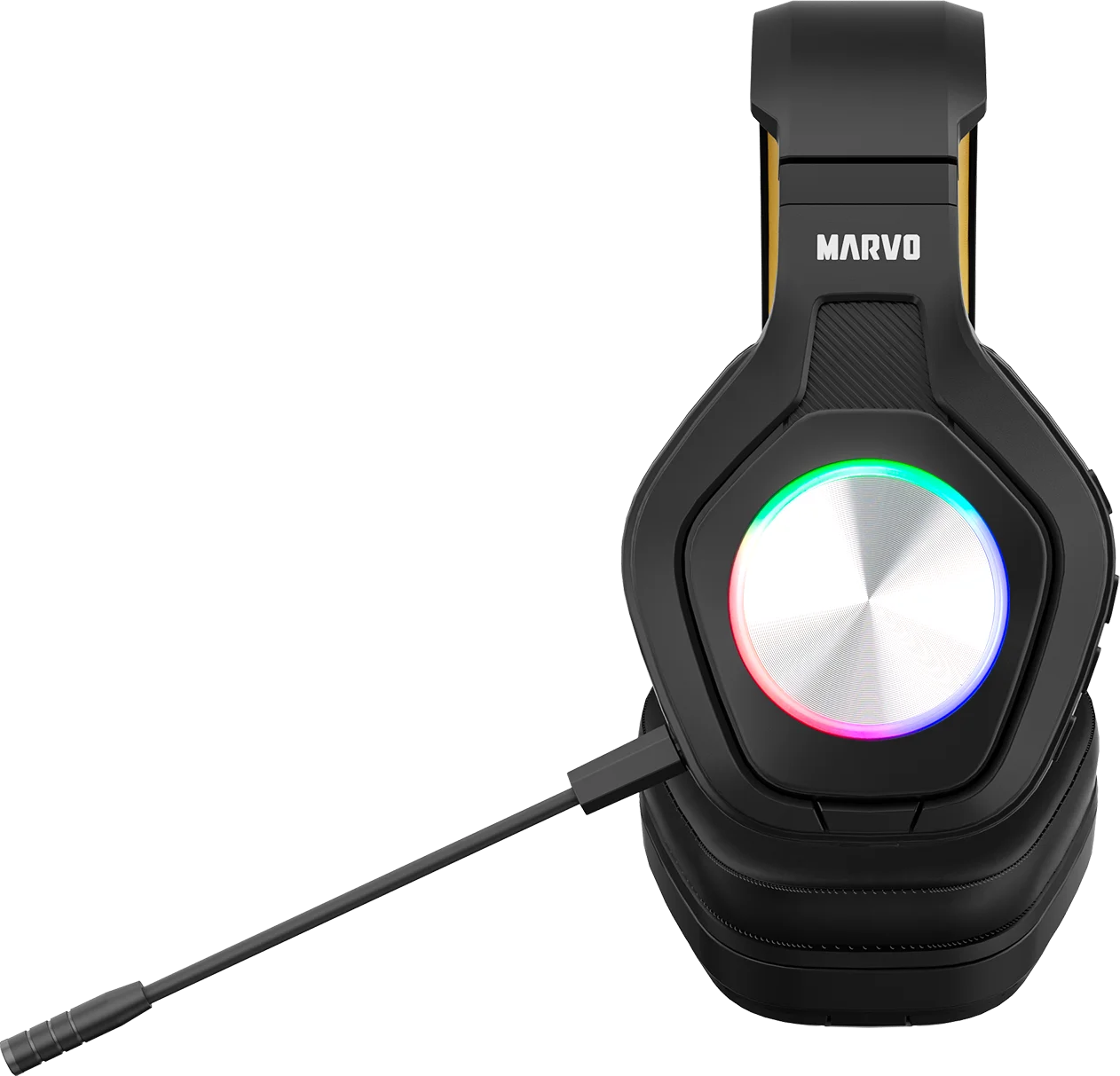 Fekete Marvo fejhallgató ezüst középponttal, RGB világítással és mikrofonnal.