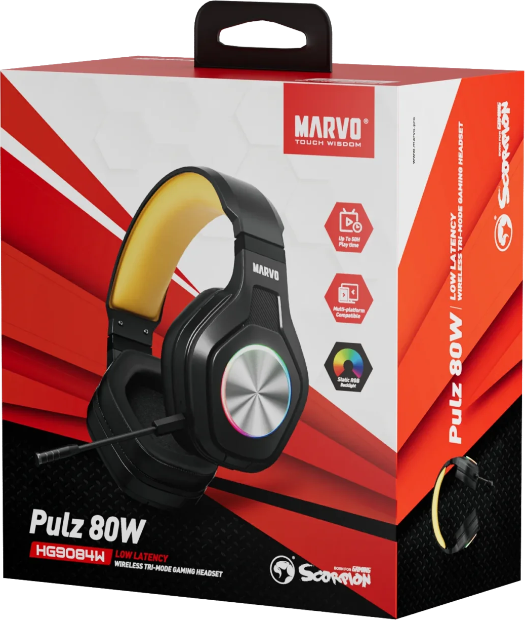 Marvo Pulz 80W gamer fejhallgató csomagolás, fejhallgatóval és RGB világítással.