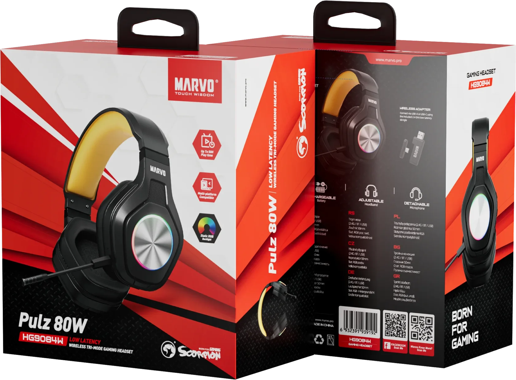 Marvo gamer fejhallgató RGB világítással és levehető mikrofonnal a dobozon.