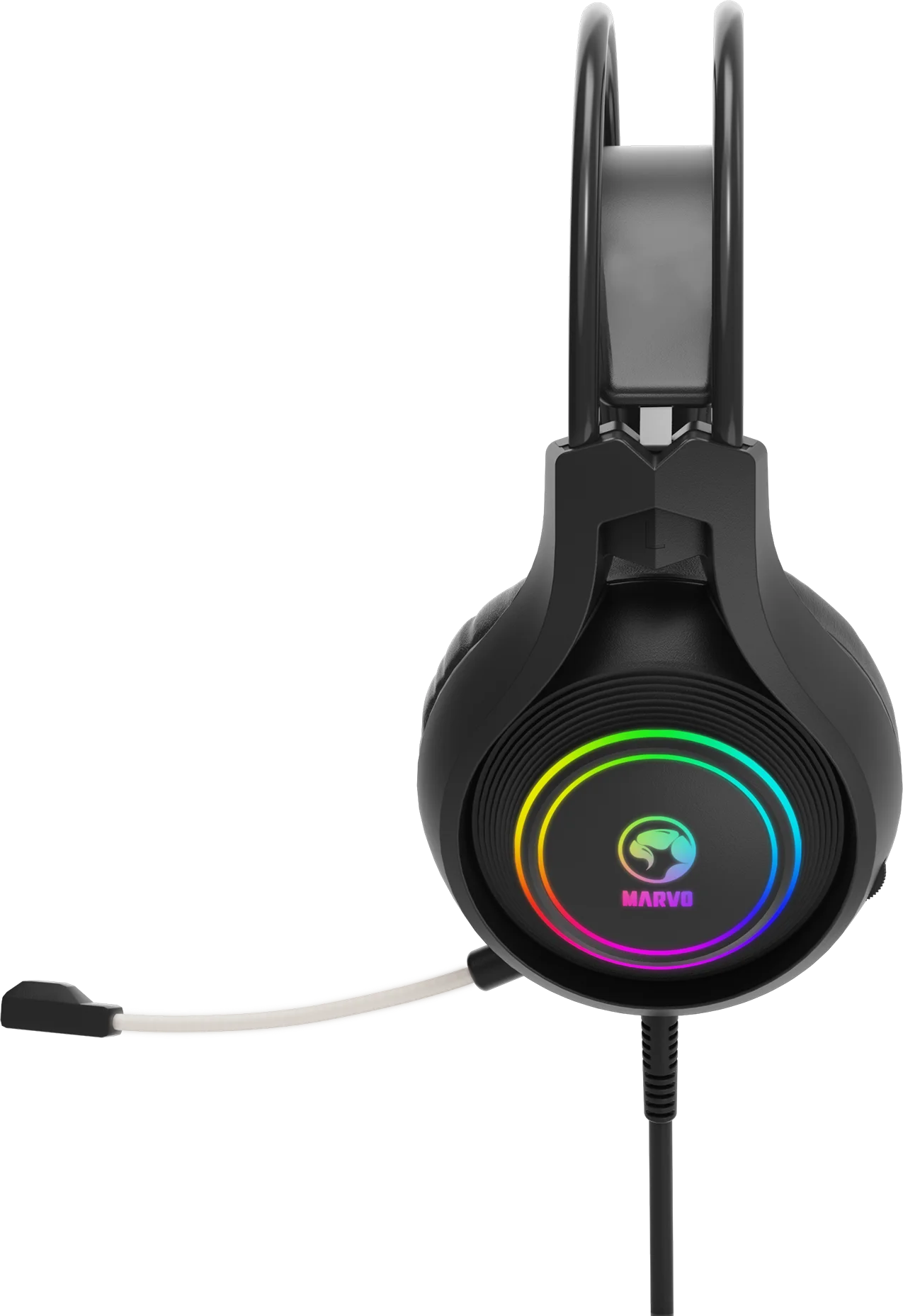 Fekete gamer fejhallgató szivárvány LED logóval és mikrofonnal.