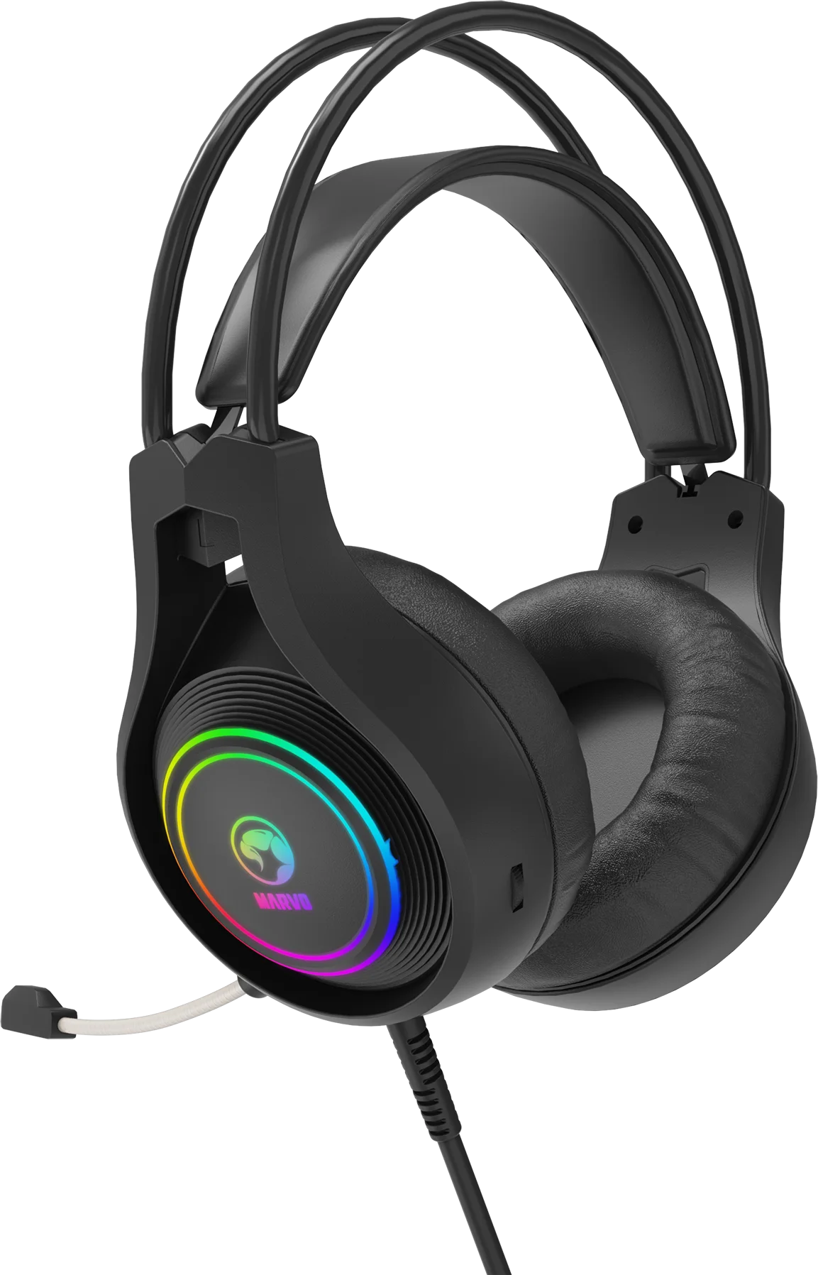 Fekete gamer fejhallgató RGB világítású logóval és mikrofonnal.