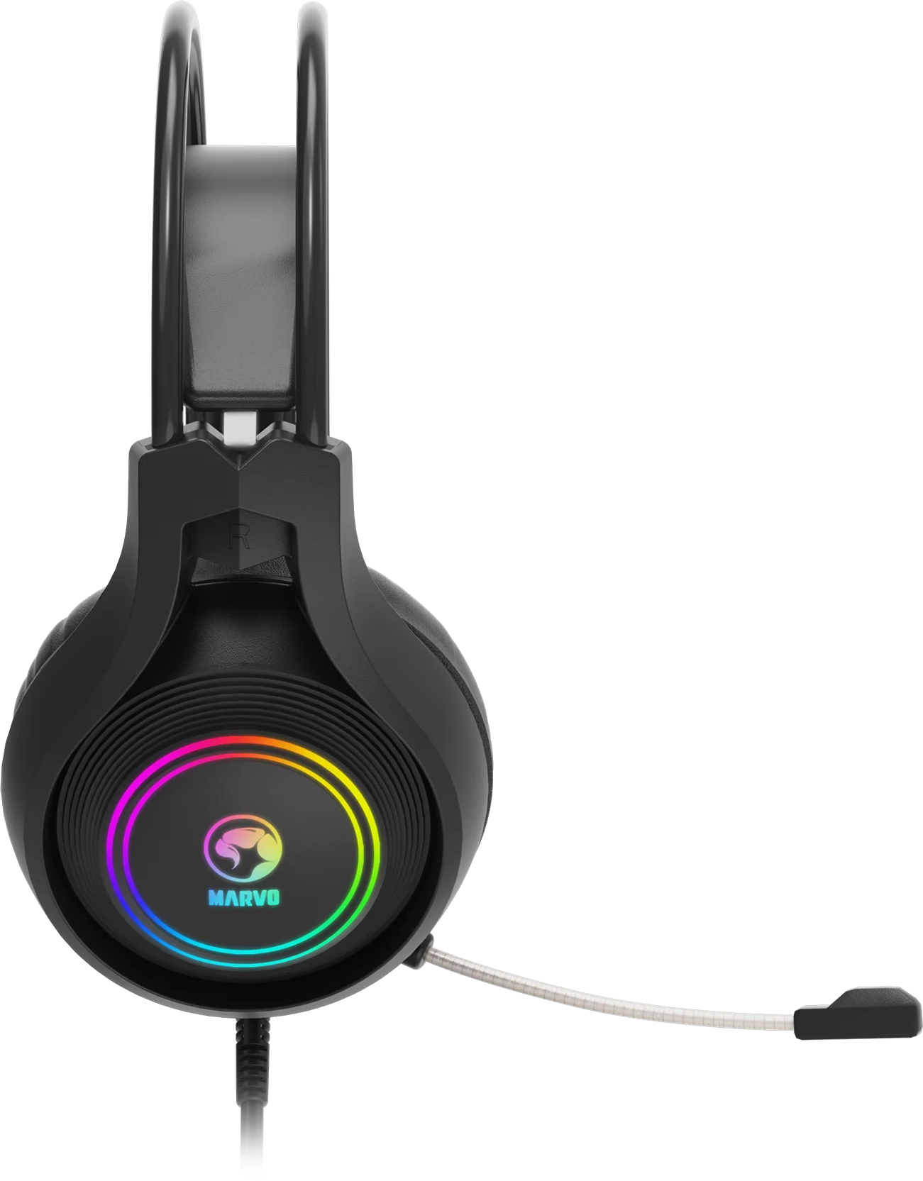 Fekete fejhallgató Marvo logóval és színes RGB világítással.