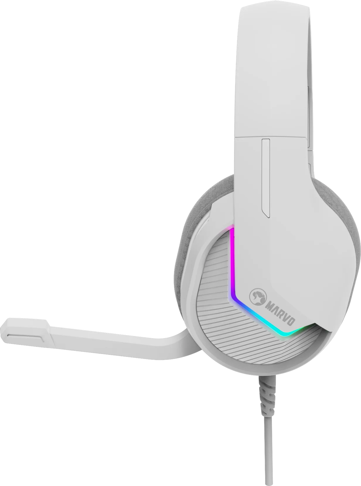Fehér gamer fejhallgató mikrofonnal, Marvo logóval és RGB világítással.