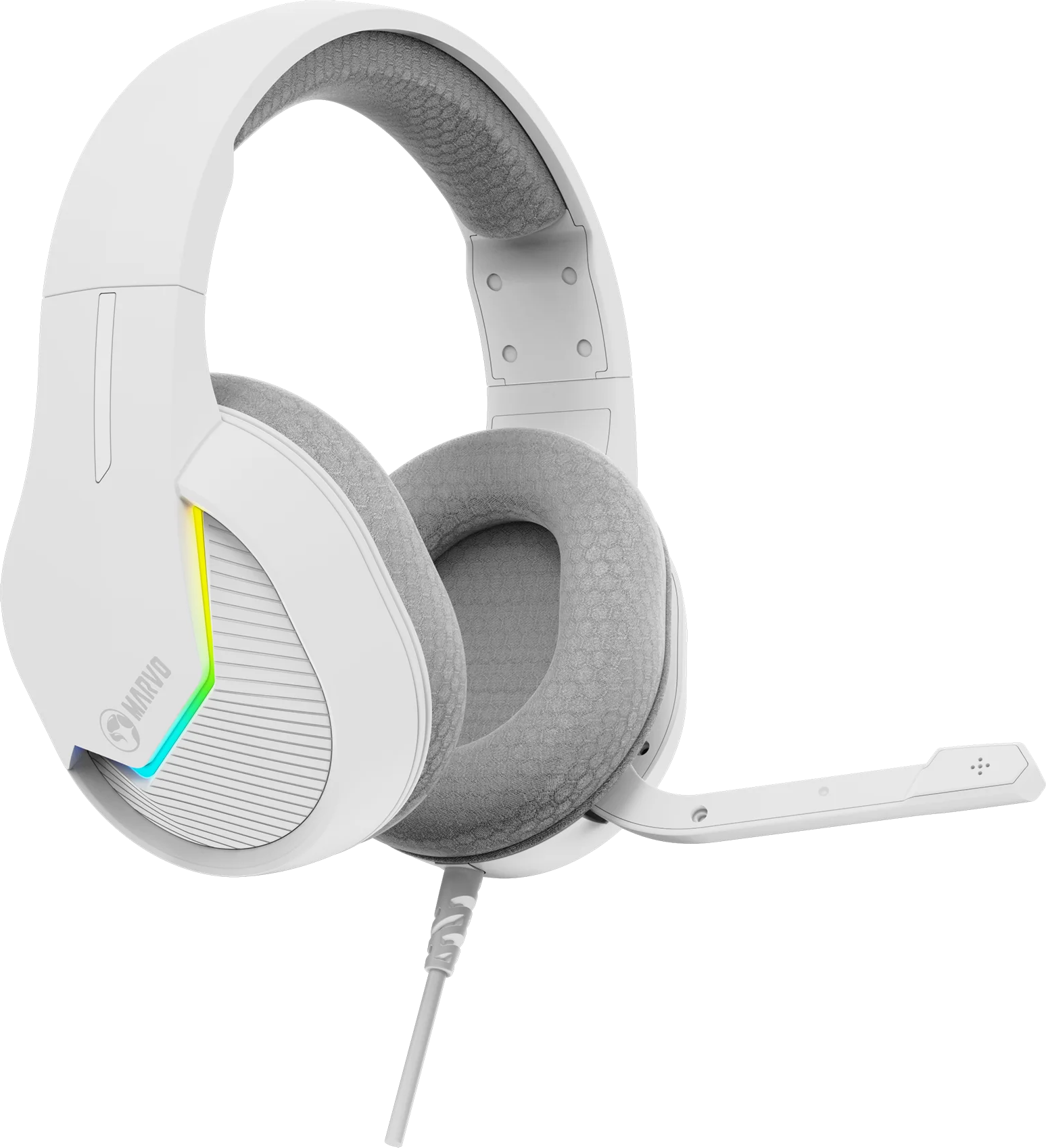 Fehér gamer fejhallgató szürke párnázással, mikrofonnal és RGB világítással.