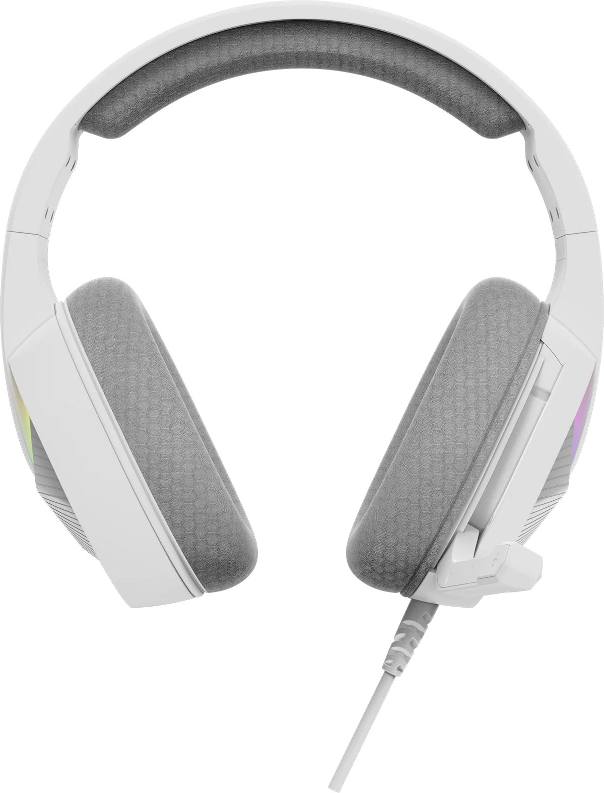 Fehér gamer fejhallgató szürke fülpárnákkal és RGB kiemelésekkel.