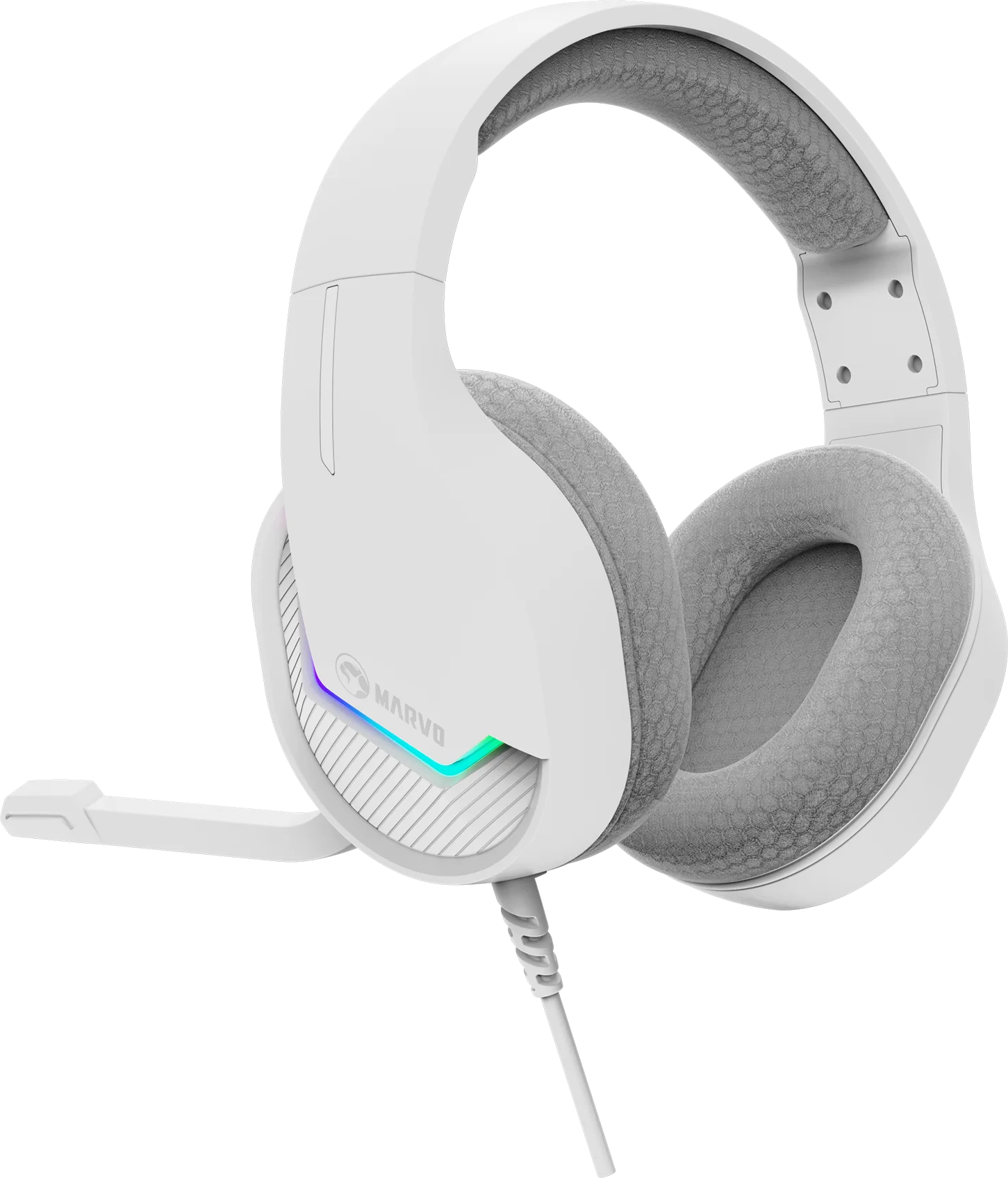 Fehér gamer fejhallgató mikrofonnal és RGB világítással.