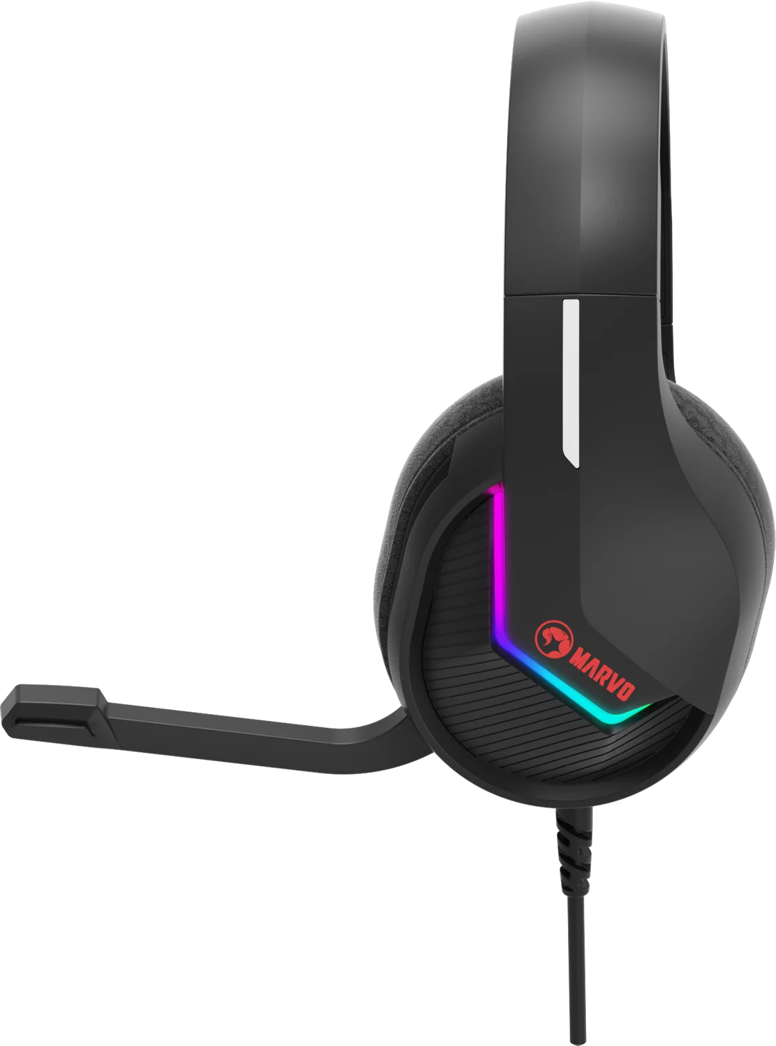 Fekete gamer fejhallgató mikrofonnal, RGB világítással és Marvo logóval.