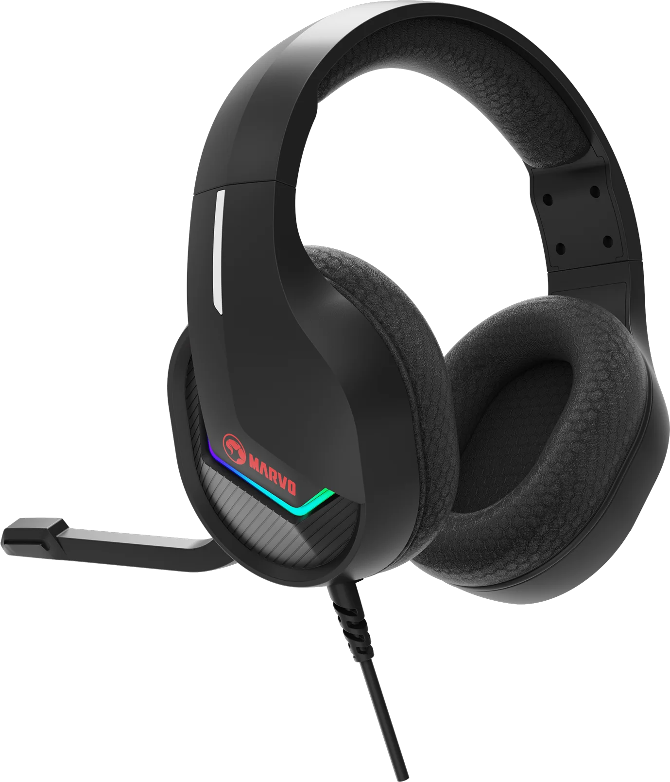 Fekete gaming fejhallgató mikrofonnal, MARVO logóval és RGB világítással.