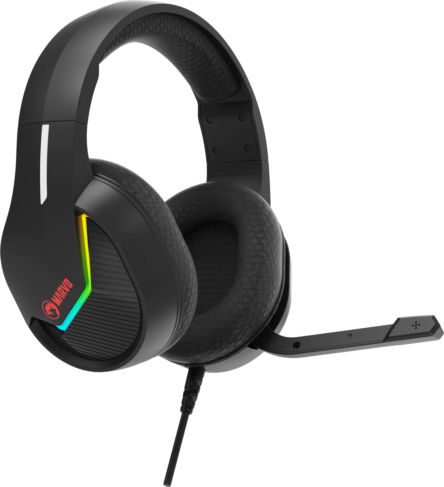 Fekete gamer fejhallgató mikrofonnal, RGB világítással és párnázott fülkagylókkal.