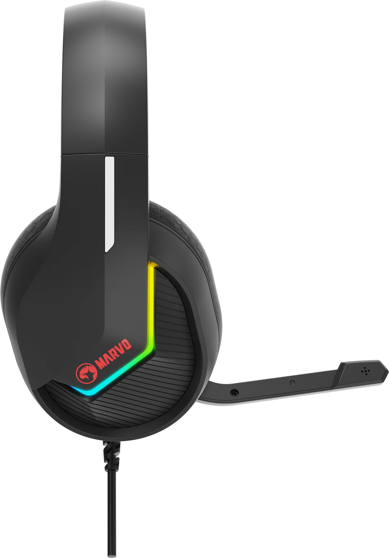 Fekete gamer fejhallgató mikrofonnal, kék-sárga-piros világítással és Marvo logóval.
