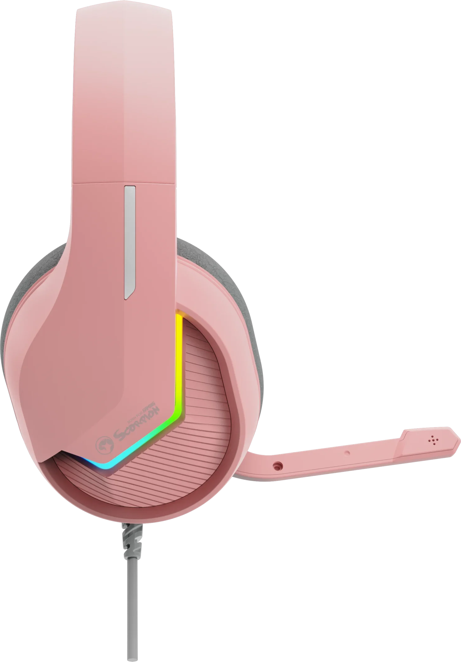 Egy rózsaszín gamer fejhallgató mikrofonnal és RGB világítással.