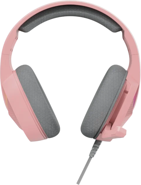 Rózsaszín gamer fejhallgató szürke fülpárnákkal és mikrofonkarral.