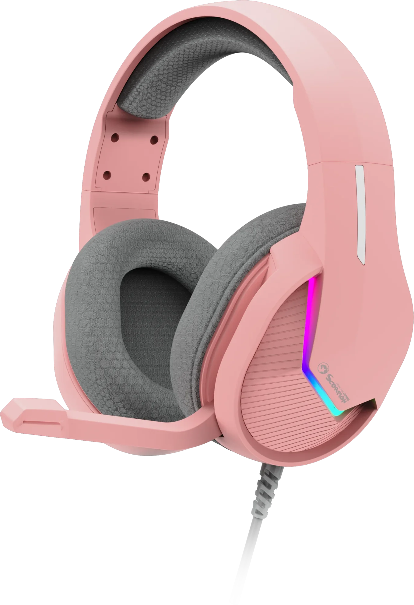 Rózsaszín gamer fejhallgató szürke fülpárnákkal és mikrofonnal.