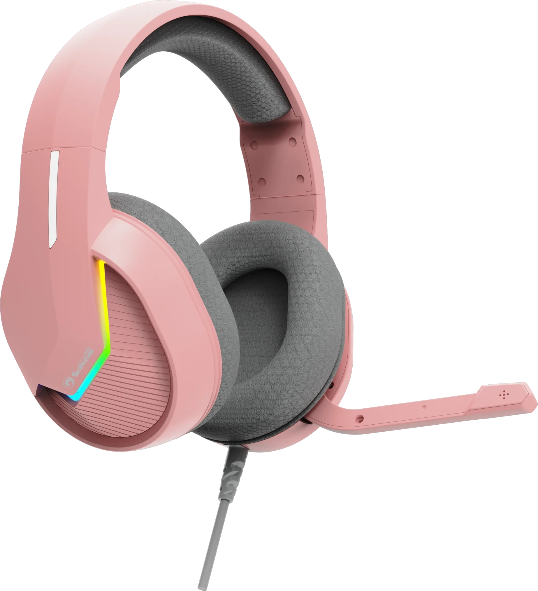 Rózsaszín gamer fejhallgató szürke fülpárnákkal és mikrofonnal. RGB világítás.