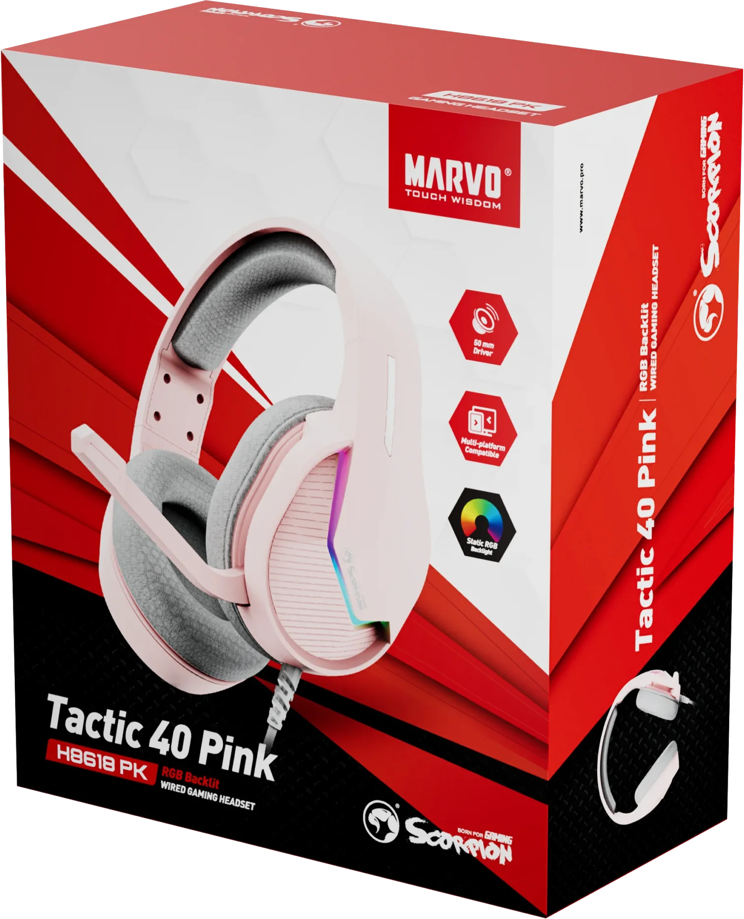 Egy rózsaszín gamer fejhallgató mikrofonnal és RGB világítással a dobozán.