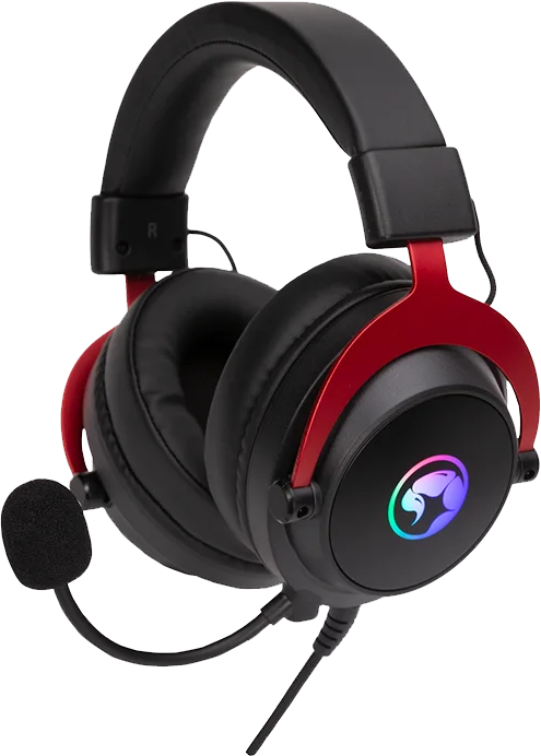 Fekete gamer fejhallgató piros díszítéssel és mikrofonnal. Világító logó.