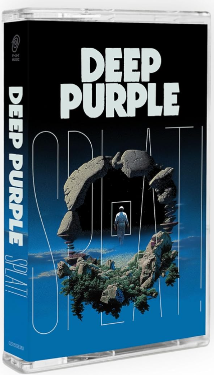 Kassette mit Deep Purple Splat! Albumcover, surrealer Landschaft mit Felsen und Person.