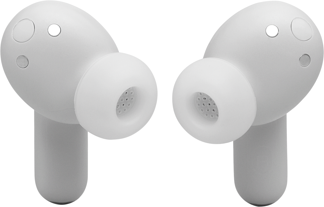 Due auricolari bianchi con griglie a rete sul davanti e tre piccoli segni rotondi sul lato.