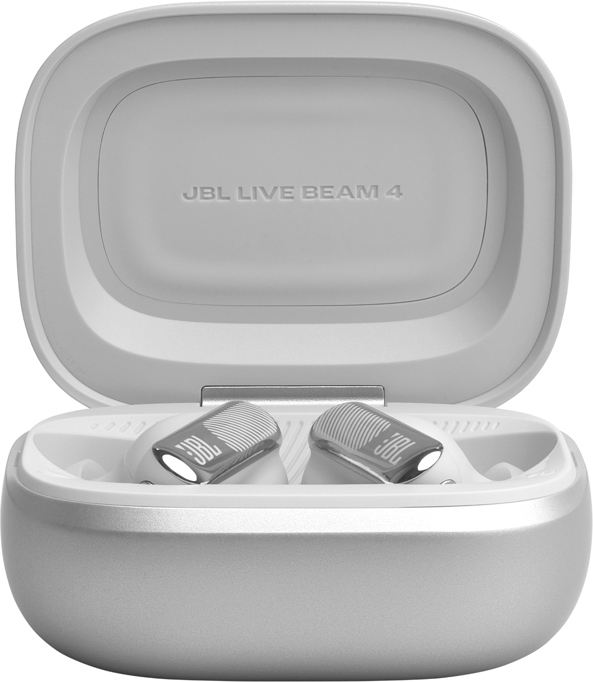 Una custodia di ricarica bianca JBL Live Beam 4 con coperchio aperto, contenente due auricolari.