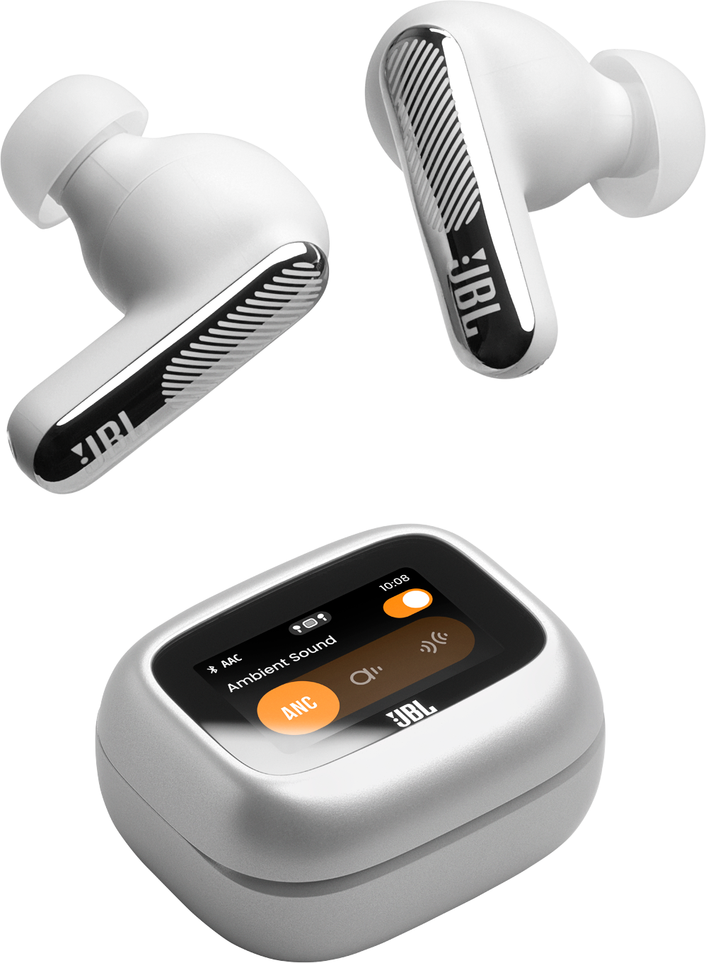 Due auricolari JBL bianchi e una custodia di ricarica con touchscreen.