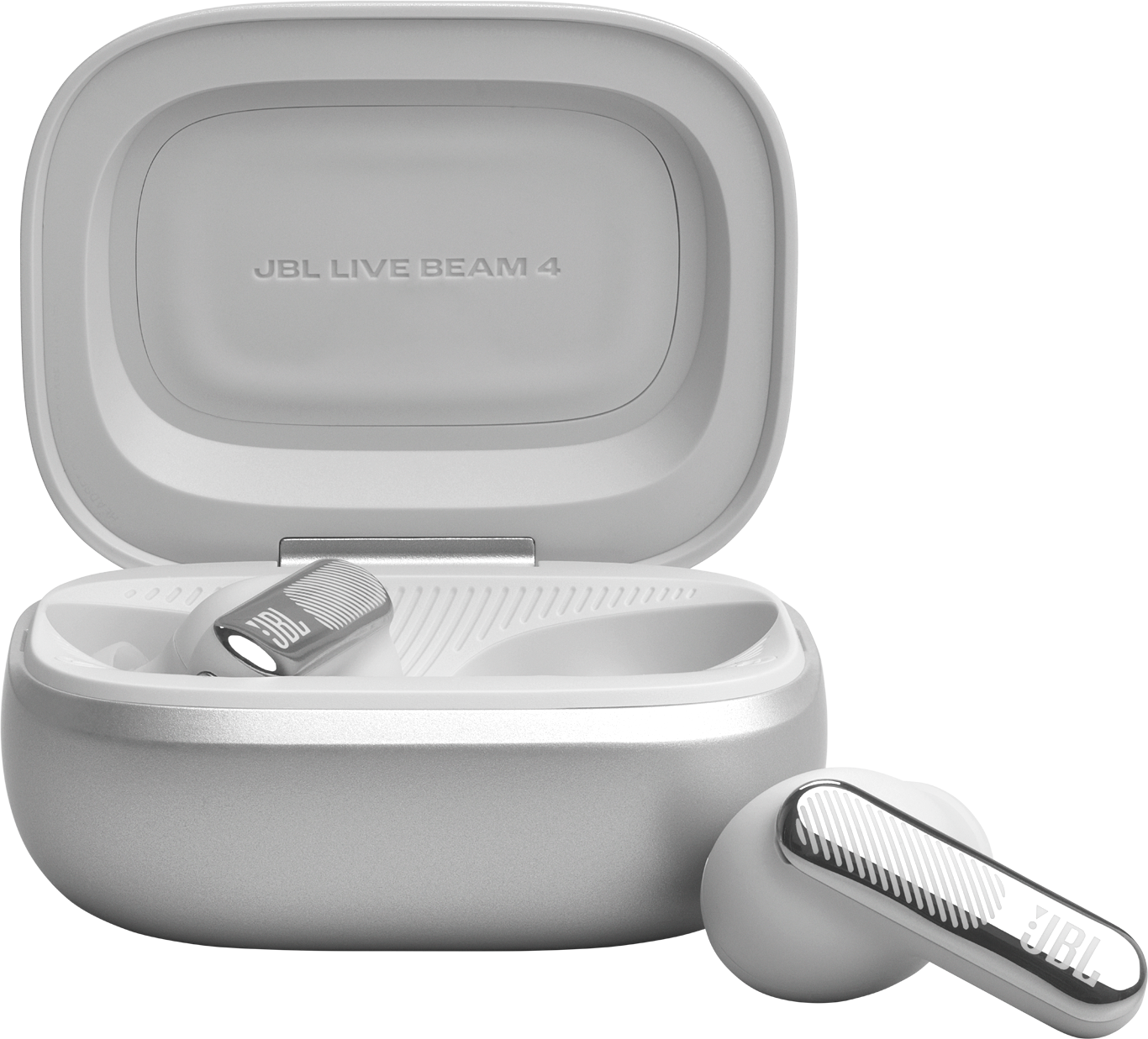 Auricolari bianchi JBL Live Beam 4 in custodia di ricarica aperta, uno accanto.