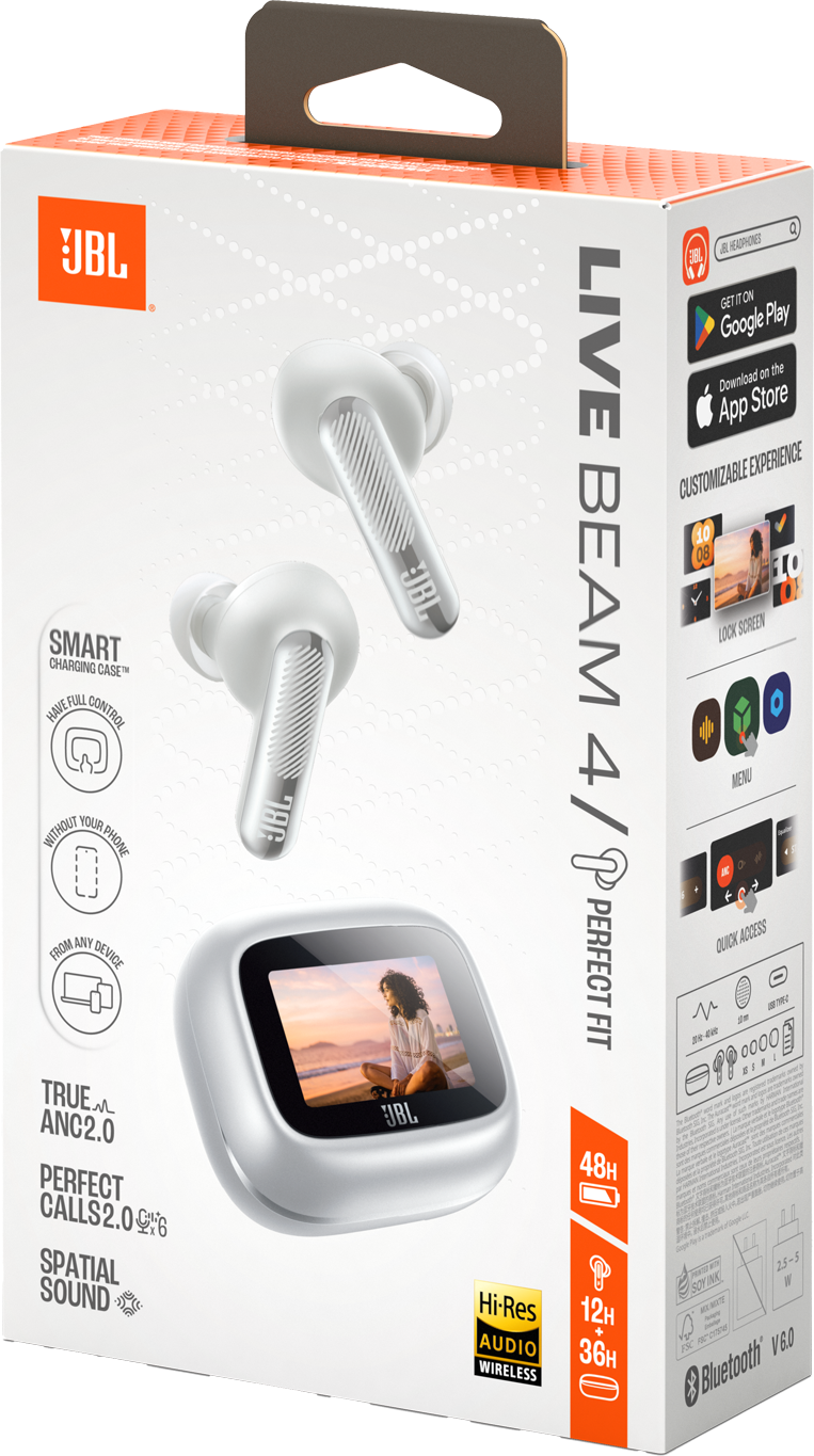 Cuffie JBL bianche con custodia di ricarica e display sulla confezione.
